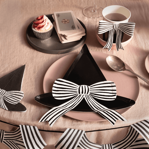 black witch hat plate with striped bow Halloween table setting from Parte Haus party supply store in Bethesda Maryland