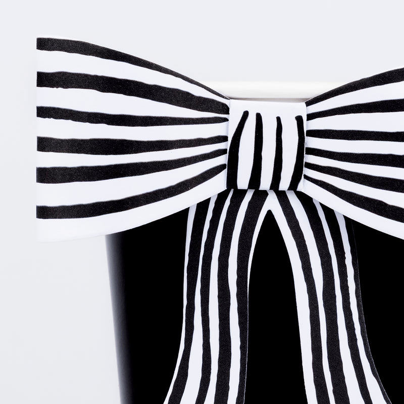 Black and white striped bow cup for birthday celebration from Parte Haus party supply store in Bethesda MD