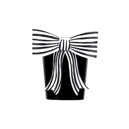 Black and white striped bow paper cup elegant decor for birthday from Parte Haus party supply store in Bethesda MD