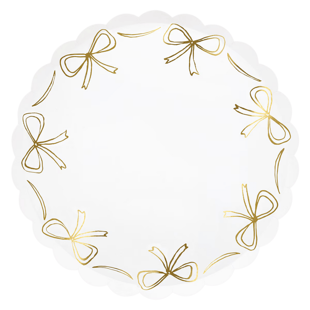 white and gold scalloped plate with bow design birthday or celebration from Parte Haus party supply store in Bethesda MD