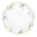 white and gold scalloped plate with bow design birthday or celebration from Parte Haus party supply store in Bethesda MD
