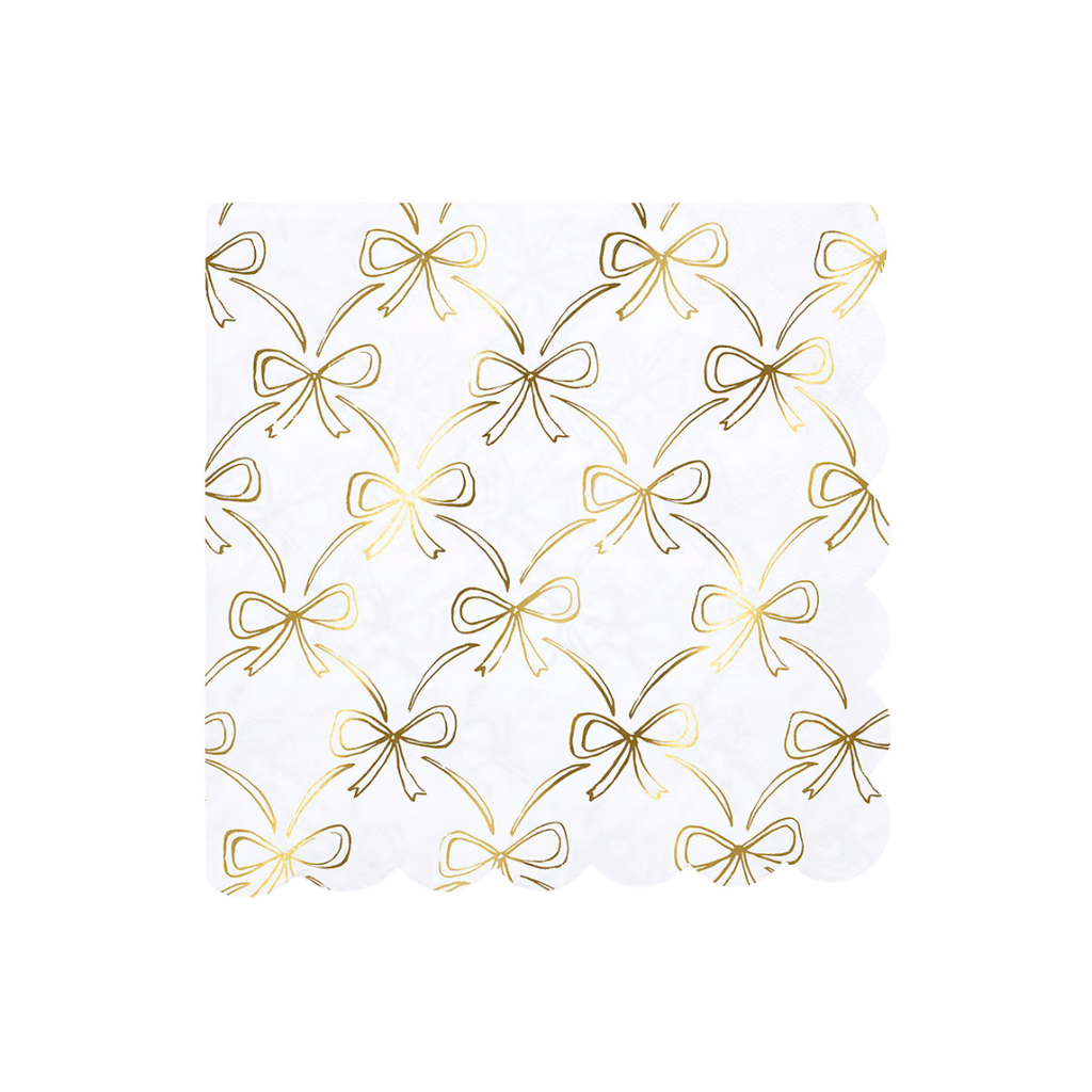 White gold bow napkin with scalloped edge for elegant events from Parte Haus party supply store in Bethesda MD