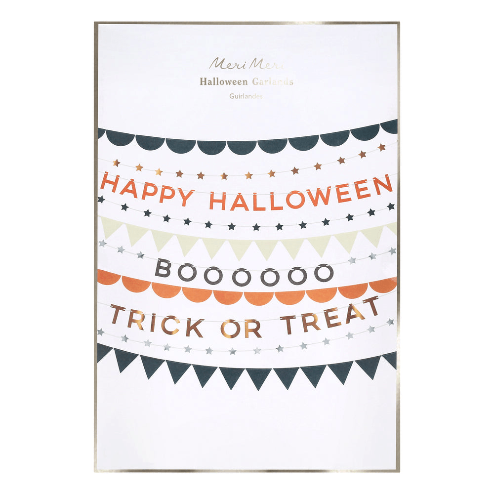 Orange black and white Halloween garland with festive banners for Halloween from Parte Haus party supply store in Bethesda Maryland