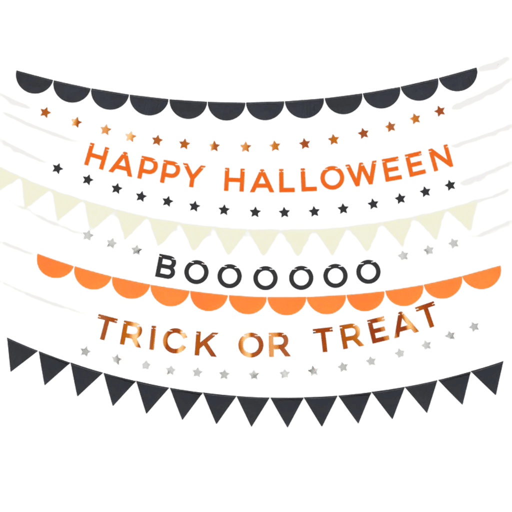 Orange black and white Halloween garland with stars from Parte Haus party supply store in Bethesda Maryland