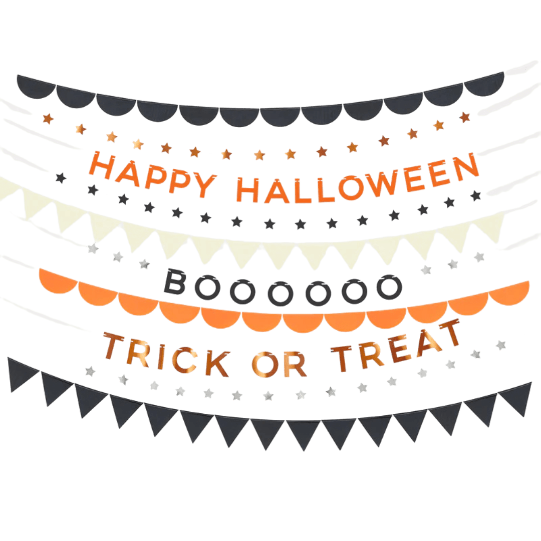 Orange black and white Halloween garland with stars from Parte Haus party supply store in Bethesda Maryland
