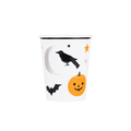 White Halloween paper cup with pumpkin raven bat moon and stars from Parte Haus party supply store in Bethesda MD
