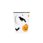 White Halloween paper cup with pumpkin raven bat moon and stars from Parte Haus party supply store in Bethesda MD