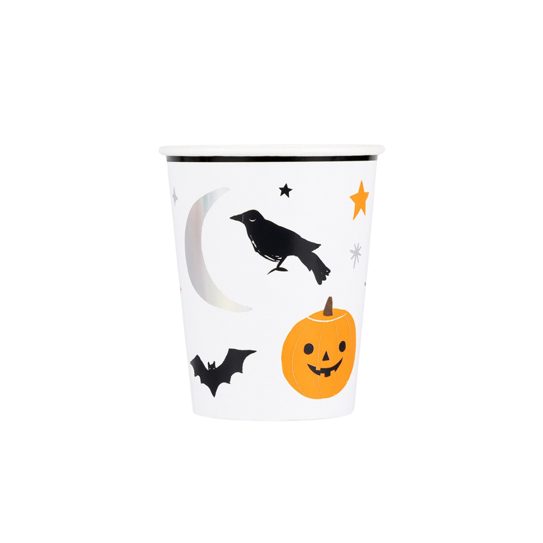 White Halloween paper cup with pumpkin raven bat moon and stars from Parte Haus party supply store in Bethesda MD