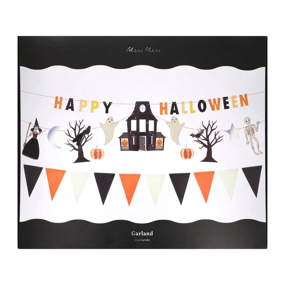 Black orange Halloween garland with ghosts haunted house and skeleton for Halloween from Parte Haus party supply store in Bethesda Maryland