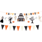 Black orange and white Halloween banner with ghosts haunted house and skeleton from Parte Haus party supply store in Bethesda MD