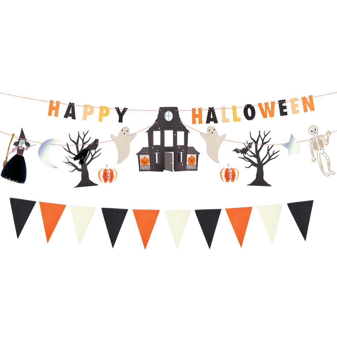 Black orange and white Halloween banner with ghosts haunted house and skeleton from Parte Haus party supply store in Bethesda MD