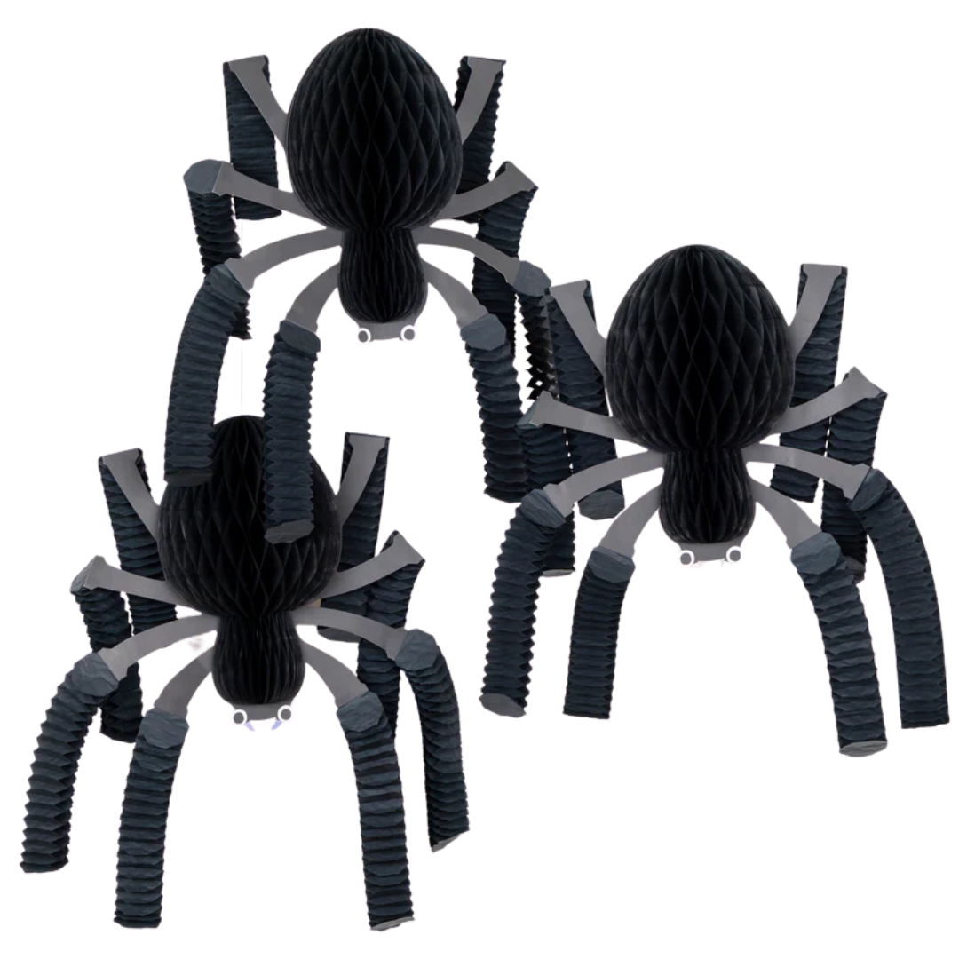 Black Honeycomb Spiders Hanging Decorations - 3 pcs