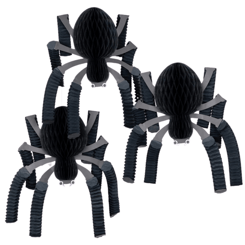 Black spider hanging decorations for Halloween from Parte Haus party supply store in Bethesda Maryland