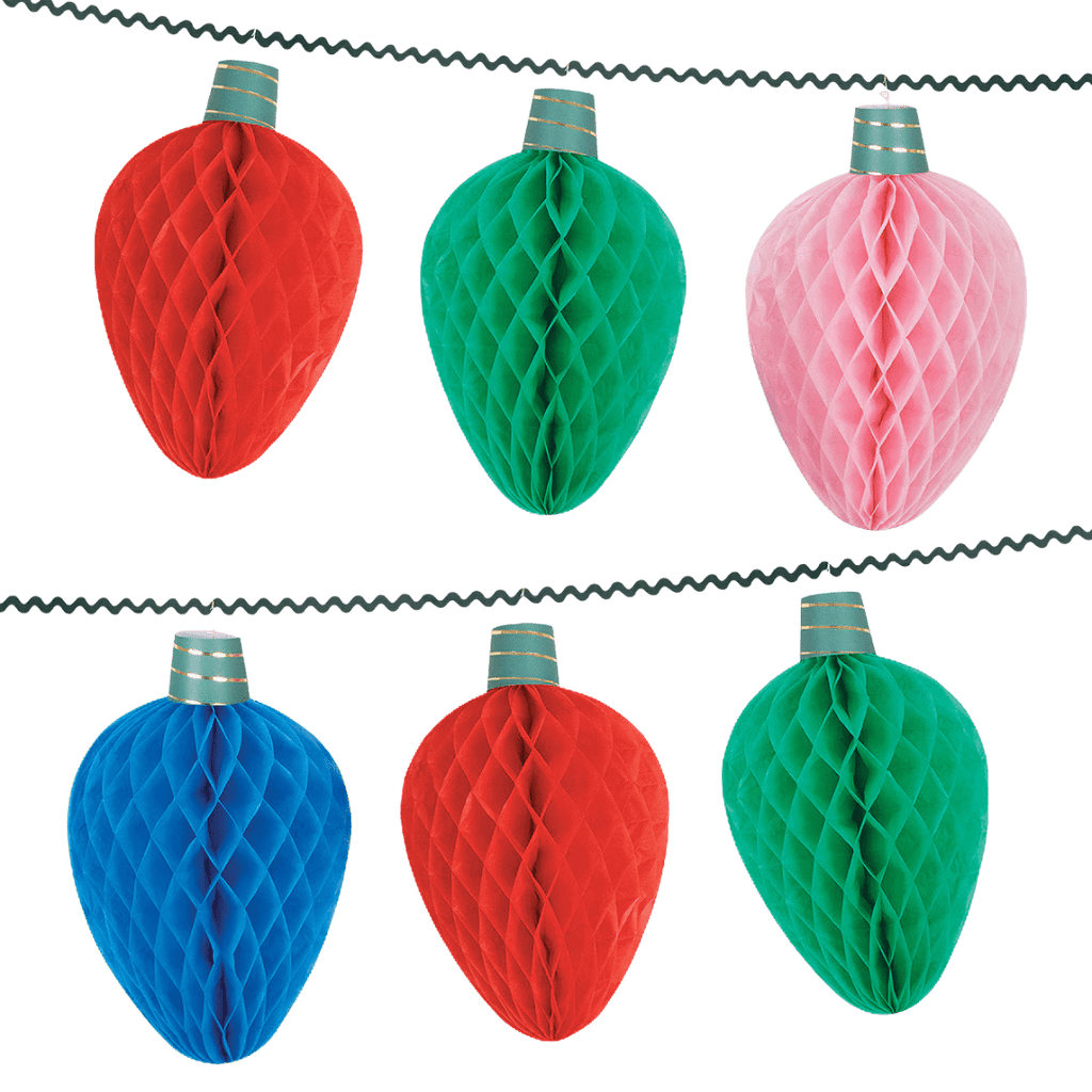 Red green pink blue ornament garland with honeycomb texture for Christmas from Parte Haus party supply store in Bethesda Maryland