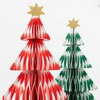 Red and green paper Christmas tree decorations with gold star toppers for holiday from Parte Haus party supply store in Bethesda Maryland