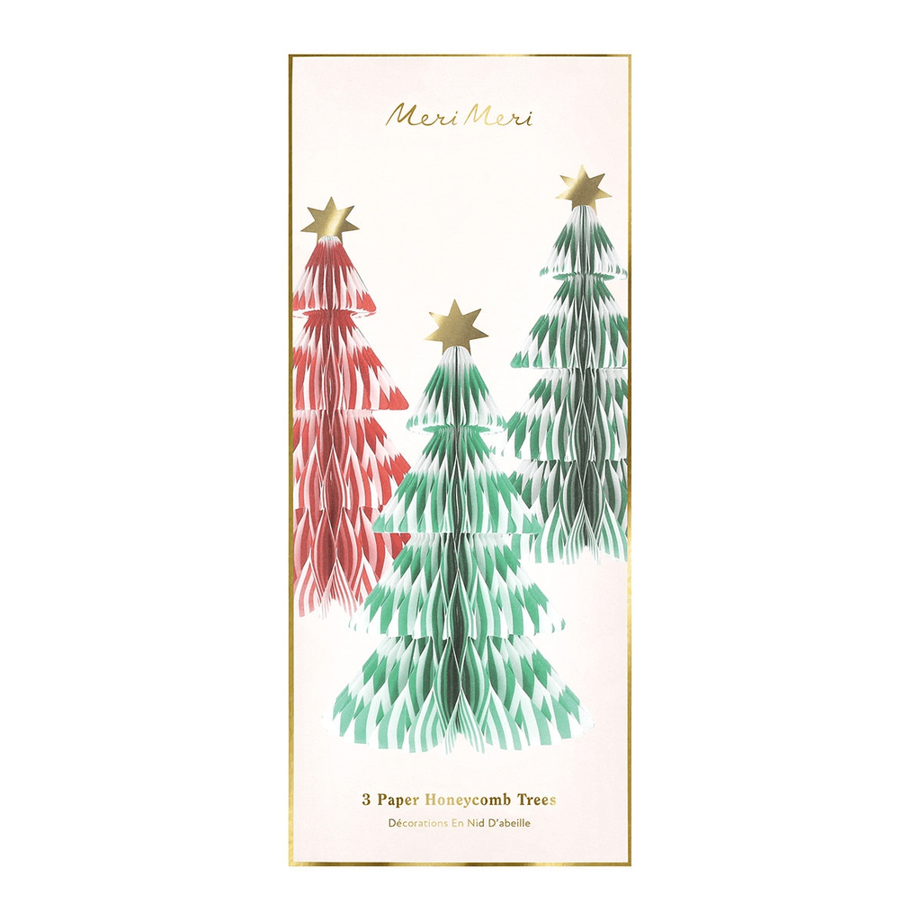Red green and gold paper honeycomb Christmas trees festive decor from Parte Haus party supply store in Bethesda Maryland