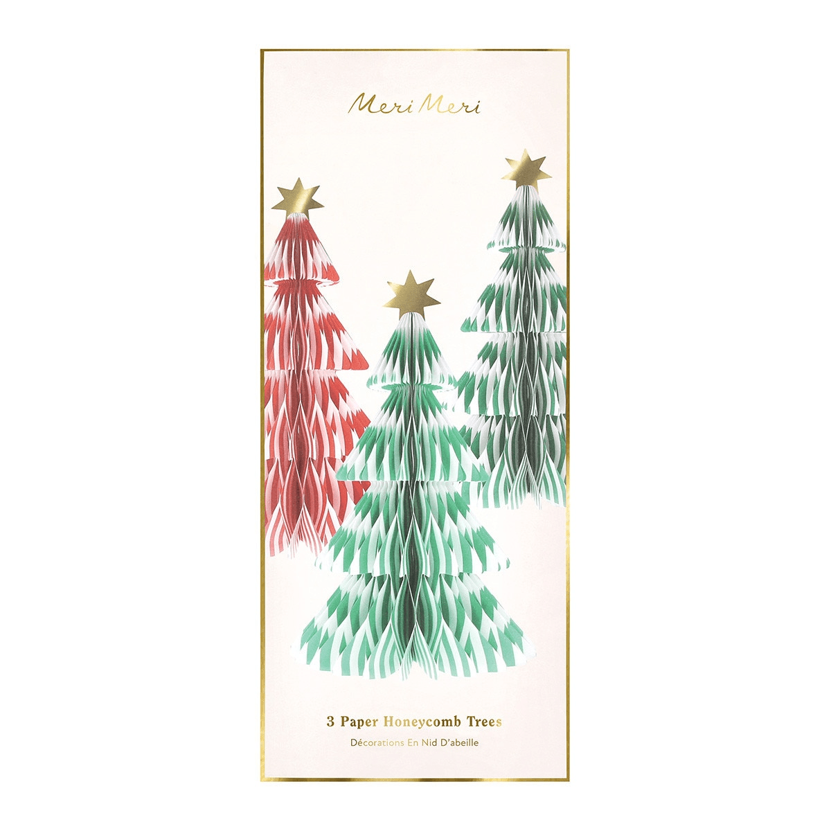Red green and gold paper honeycomb Christmas trees festive decor from Parte Haus party supply store in Bethesda Maryland