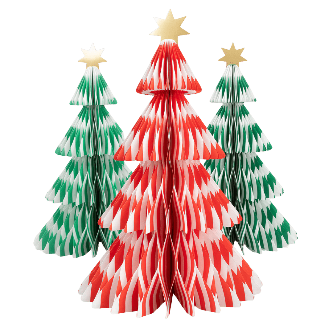 Red and green paper Christmas tree decorations with star holiday theme from Parte Haus party supply store in Bethesda MD