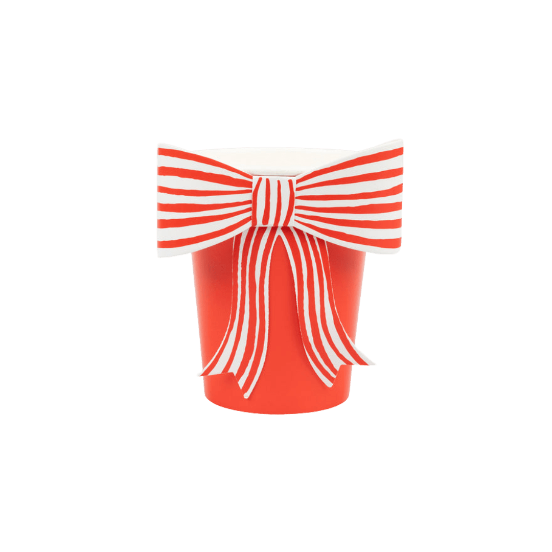 Red paper cup with striped bow for birthday from Parte Haus party supply store in Bethesda MD