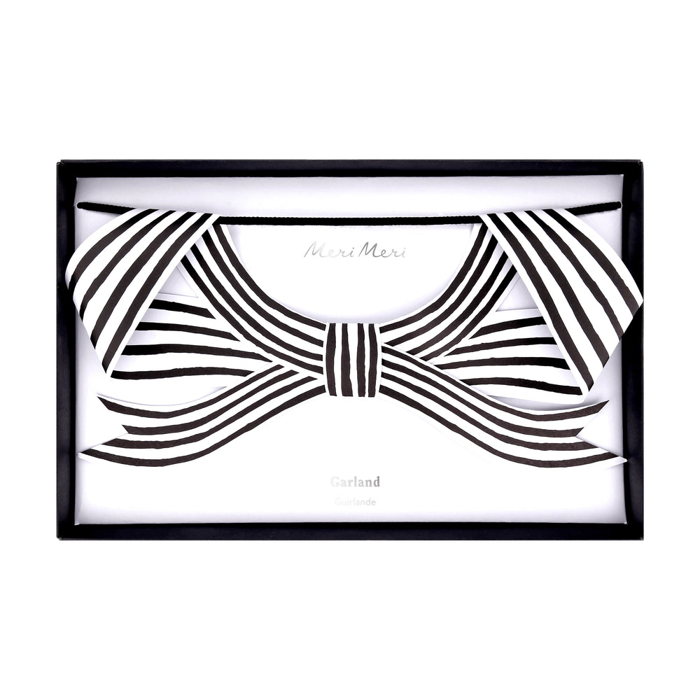Black and white striped bow garland for celebration from Parte Haus party supply store in Bethesda Maryland