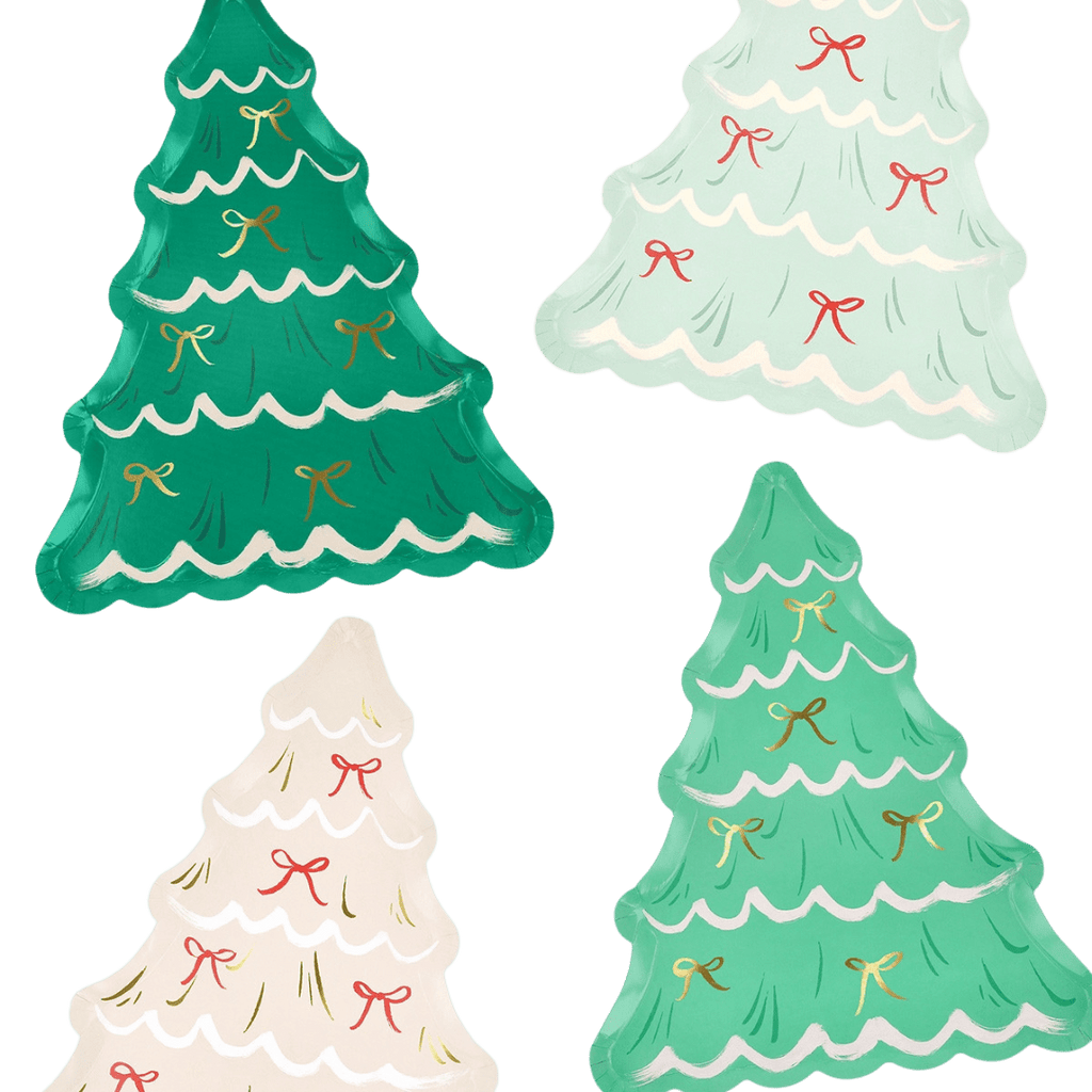 Green and white Christmas tree plates with ribbon detail holiday tableware from Parte Haus party supply store in Bethesda Maryland
