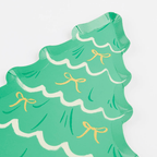 Green Christmas tree paper plate with gold bows for holiday celebration from Parte Haus party supply store in Bethesda Maryland