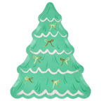 Green Christmas tree shaped plate with gold bows holiday tableware from Parte Haus party supply store in Bethesda Maryland