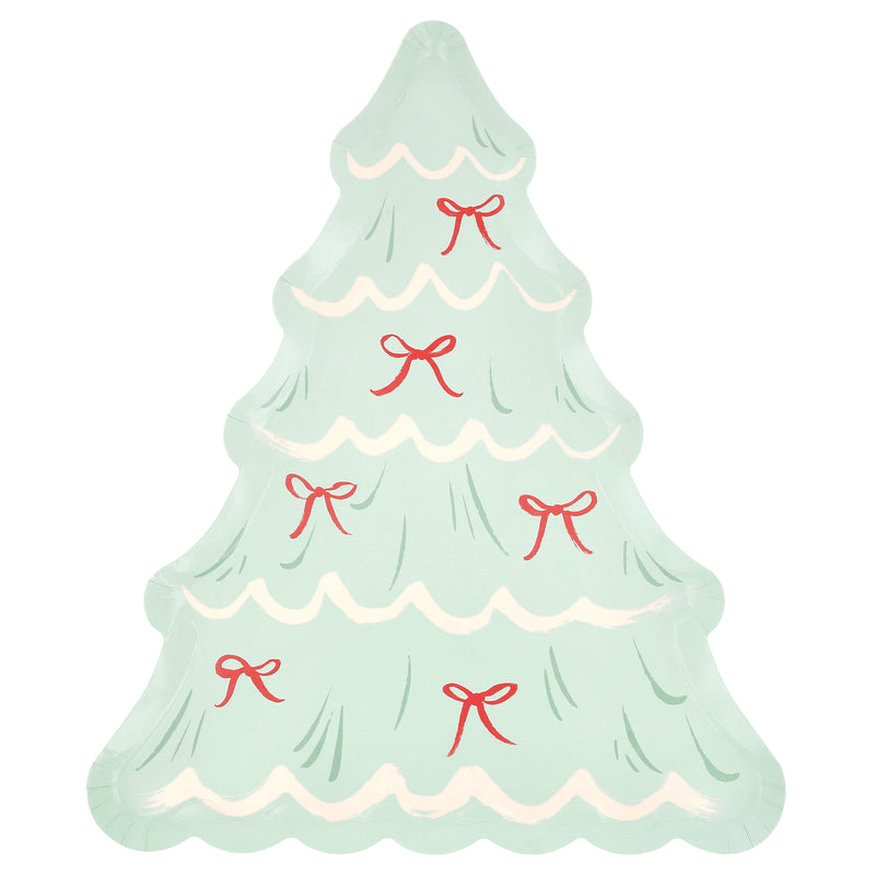Mint Christmas tree shaped plate with red bows holiday theme from Parte Haus party supply store in Bethesda MD