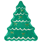 Green Christmas tree shaped plate with gold bows for holiday from Parte Haus party supply store in Bethesda Maryland