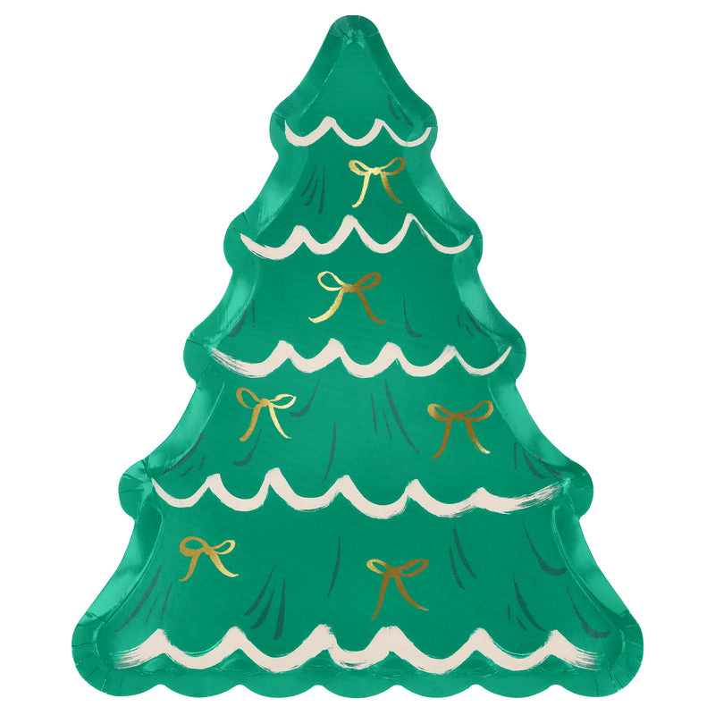 Green Christmas tree shaped plate with gold bows for holiday from Parte Haus party supply store in Bethesda Maryland