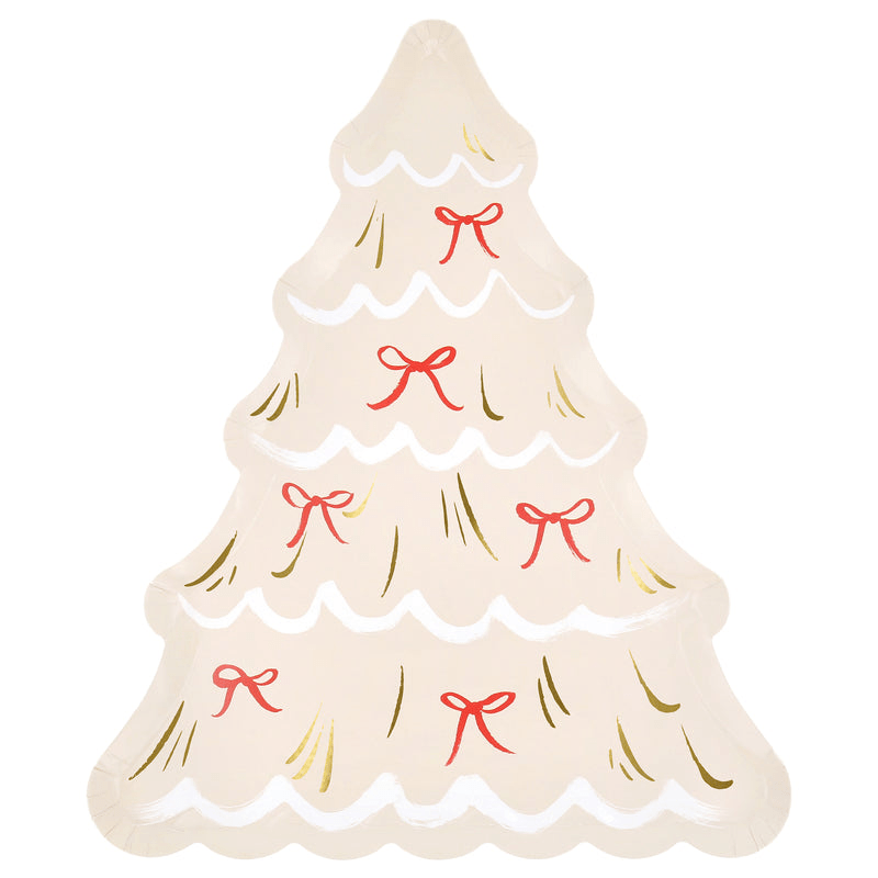 White Christmas tree paper plate with red bows and gold accents for holiday from Parte Haus party supply store in Bethesda MD