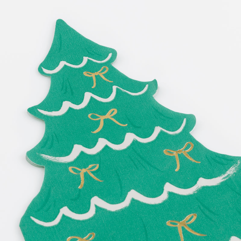 Green Christmas tree shaped plate with gold bows holiday theme from Parte Haus party supply store in Bethesda MD