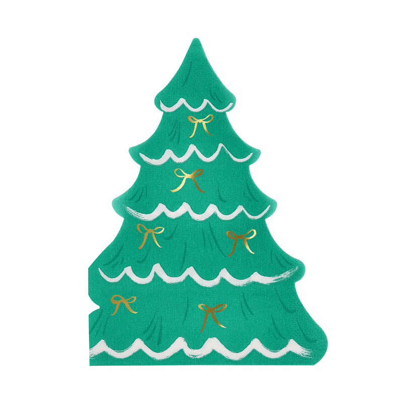 Green Christmas tree shaped napkin with gold bows for holiday from Parte Haus party supply store in Bethesda MD