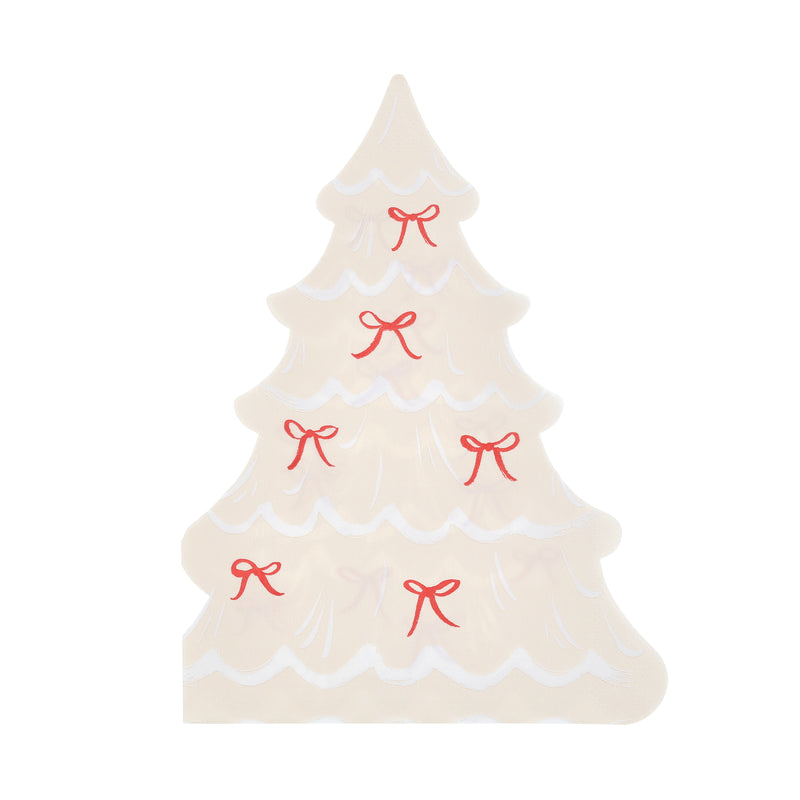 White Christmas tree shaped plate with red bow accents for holiday parties from Parte Haus party supply store in Bethesda MD