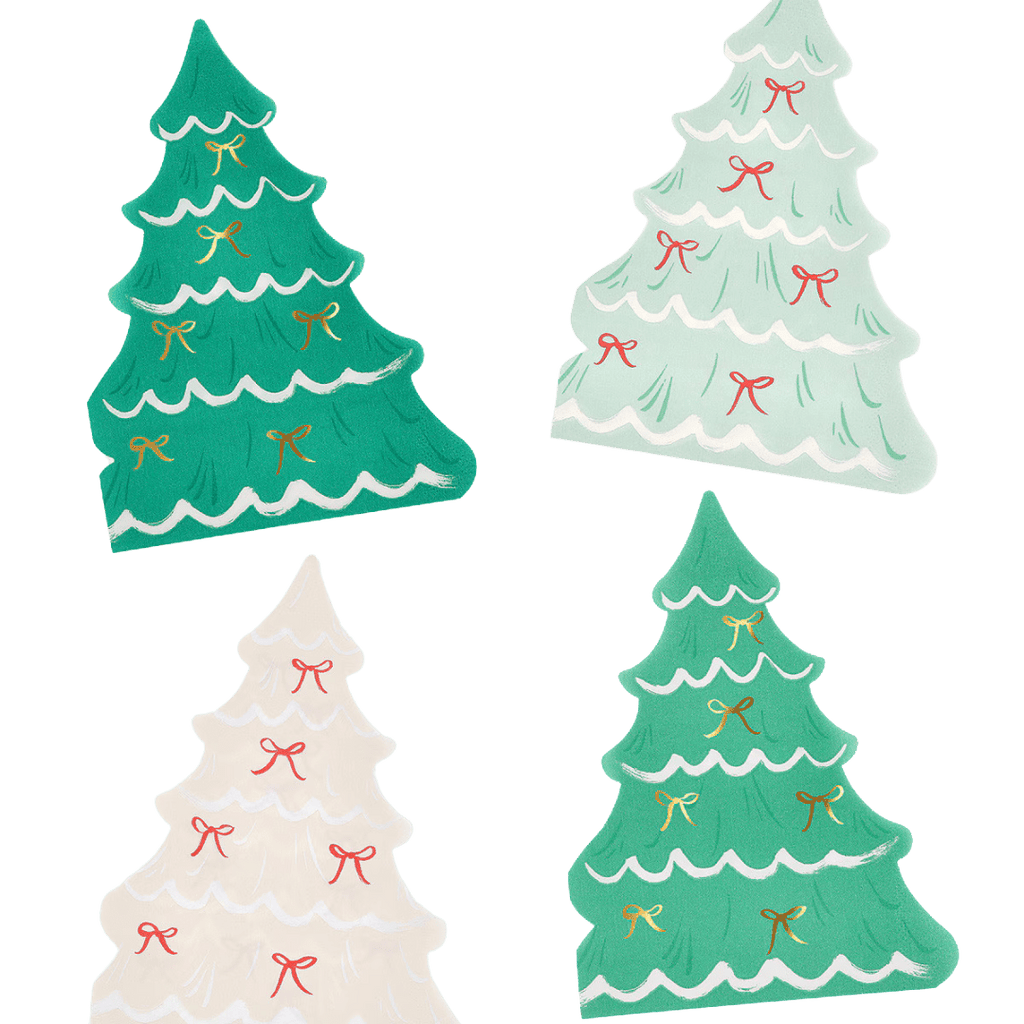 Green and white Christmas tree shaped napkins with bows holiday tableware from Parte Haus party supply store in Bethesda MD