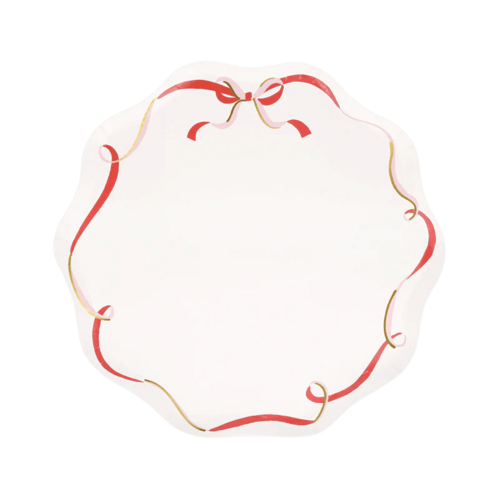 Red and gold ribbon paper plate with scalloped edges celebration theme from Parte Haus party supply store in Bethesda MD