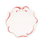 Red and gold ribbon paper plate with scalloped edges celebration theme from Parte Haus party supply store in Bethesda MD