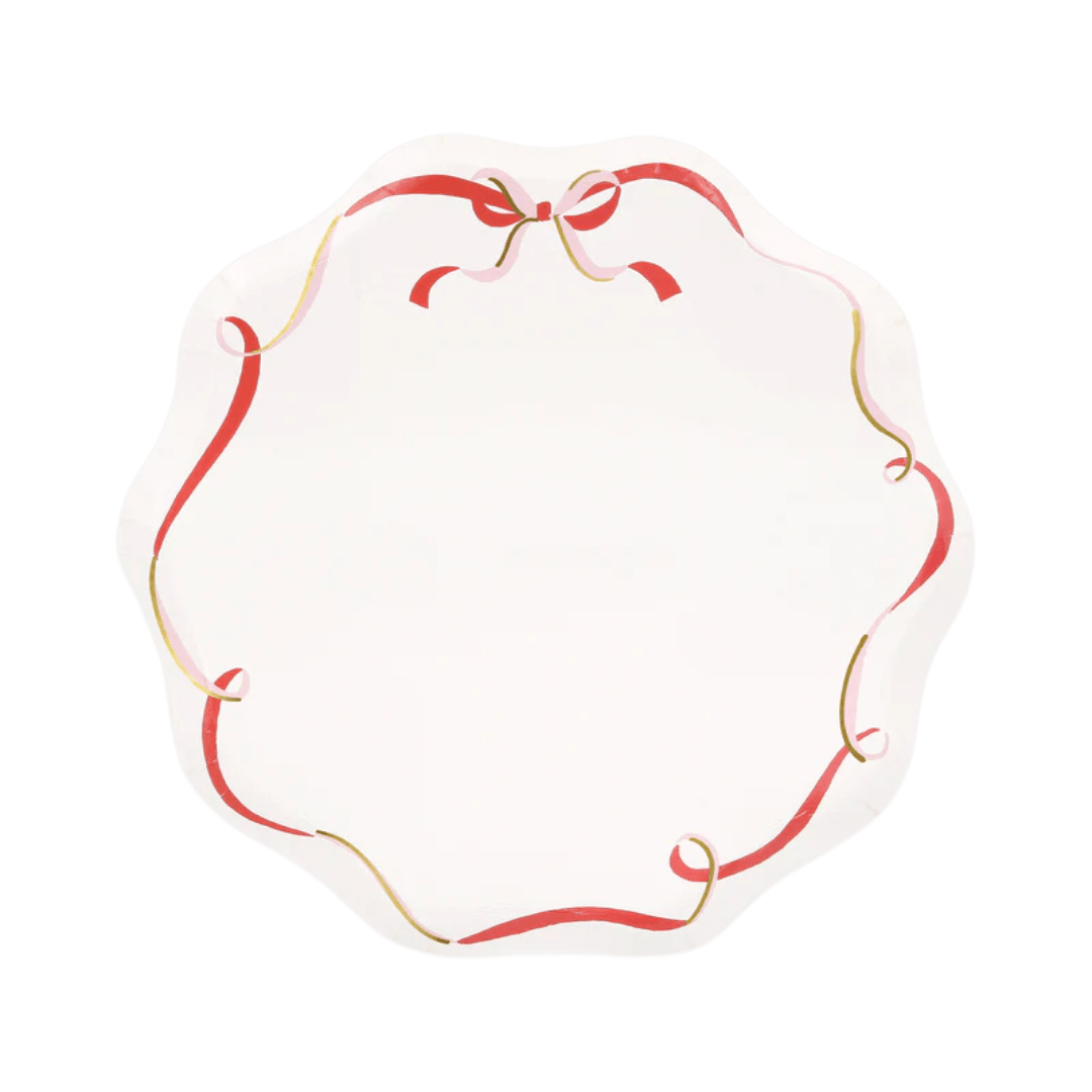 Red and gold ribbon paper plate with scalloped edges celebration theme from Parte Haus party supply store in Bethesda MD