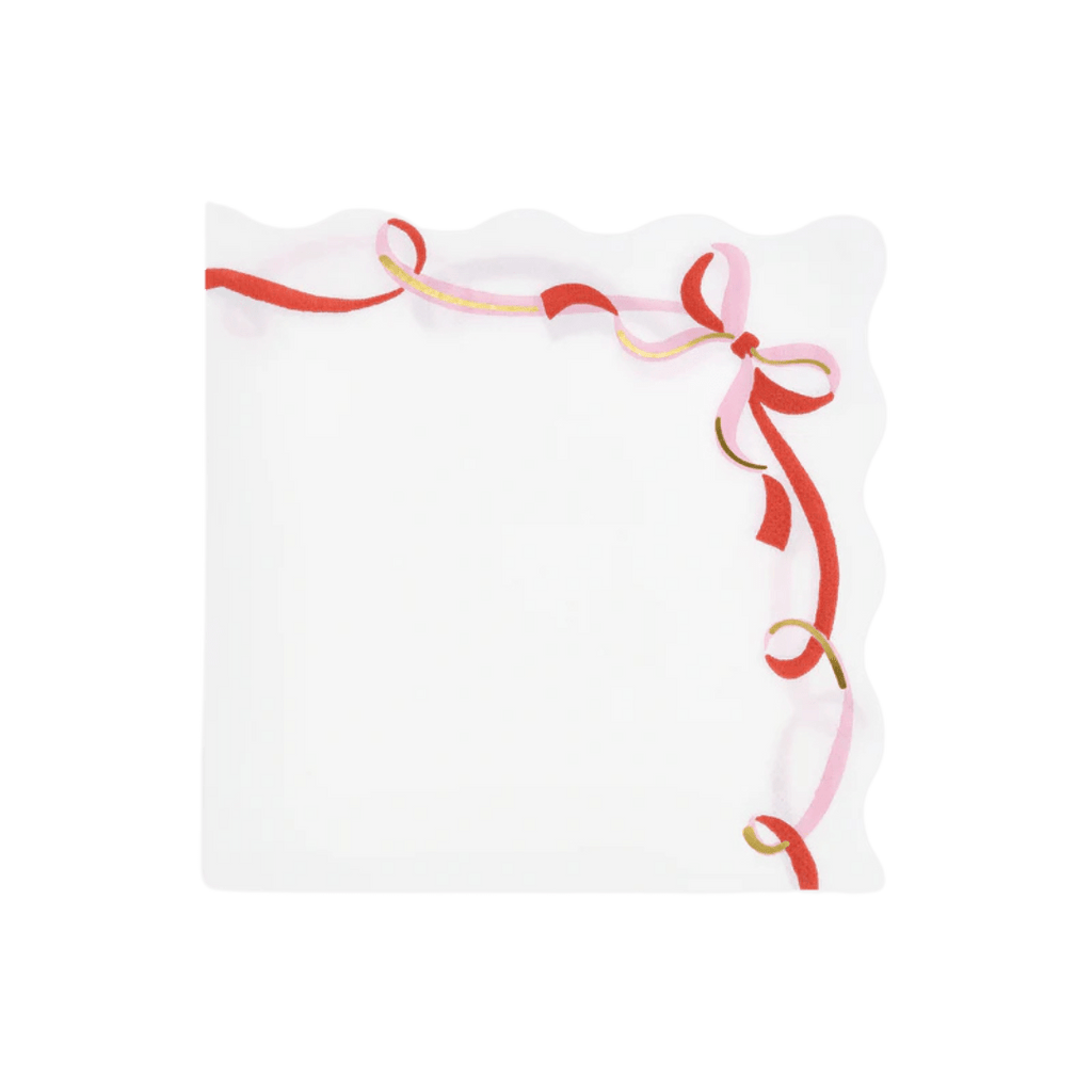 White napkin with pink and red ribbon design elegant birthday decor from Parte Haus party supply store in Bethesda MD