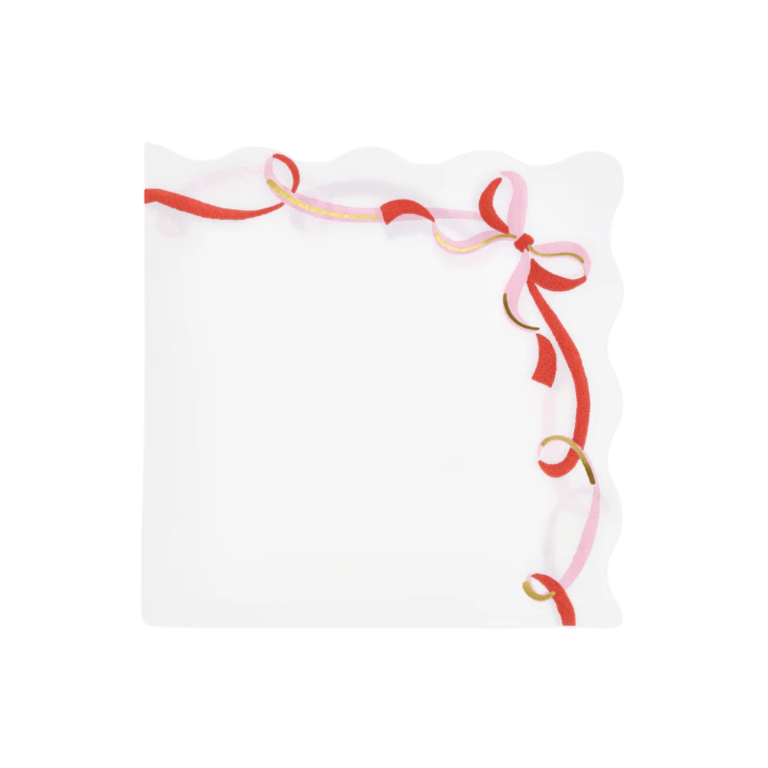 White napkin with pink and red ribbon design elegant birthday decor from Parte Haus party supply store in Bethesda MD