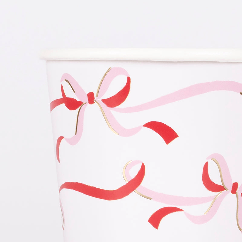 Pink and red ribbon paper cup with bow design for birthday from Parte Haus party supply store in Bethesda MD