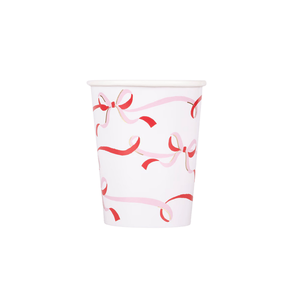 Pink and red ribbon paper cup with bow pattern birthday theme from Parte Haus party supply store in Bethesda MD