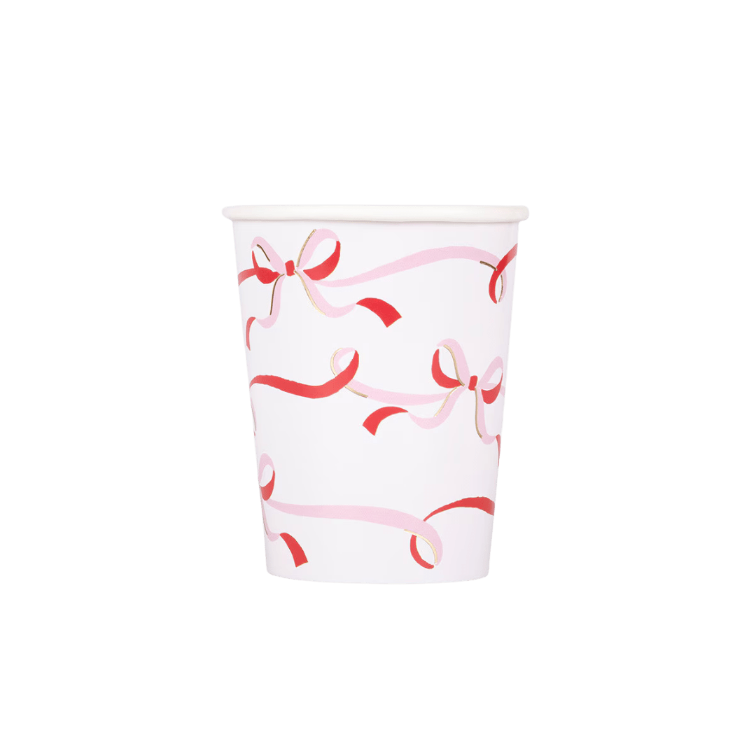 Pink and red ribbon paper cup with bow pattern birthday theme from Parte Haus party supply store in Bethesda MD