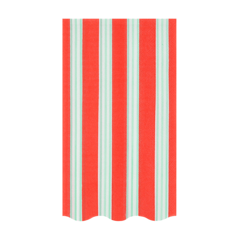 Red and mint striped napkin with scalloped edge for birthday decor from Parte Haus party supply store in Bethesda MD