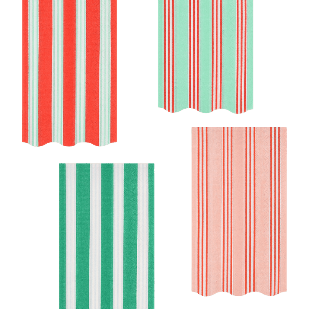 Red green and pink striped napkins festive tableware set for birthday from Parte Haus party supply store in Bethesda MD