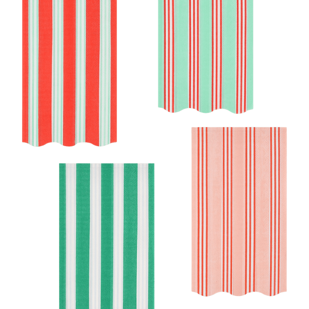 Red green and pink striped napkins festive tableware set for birthday from Parte Haus party supply store in Bethesda MD