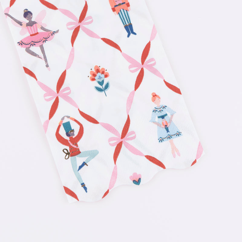 White Nutcracker napkin with ballet and bow illustrations holiday theme from Parte Haus party supply store in Bethesda Maryland