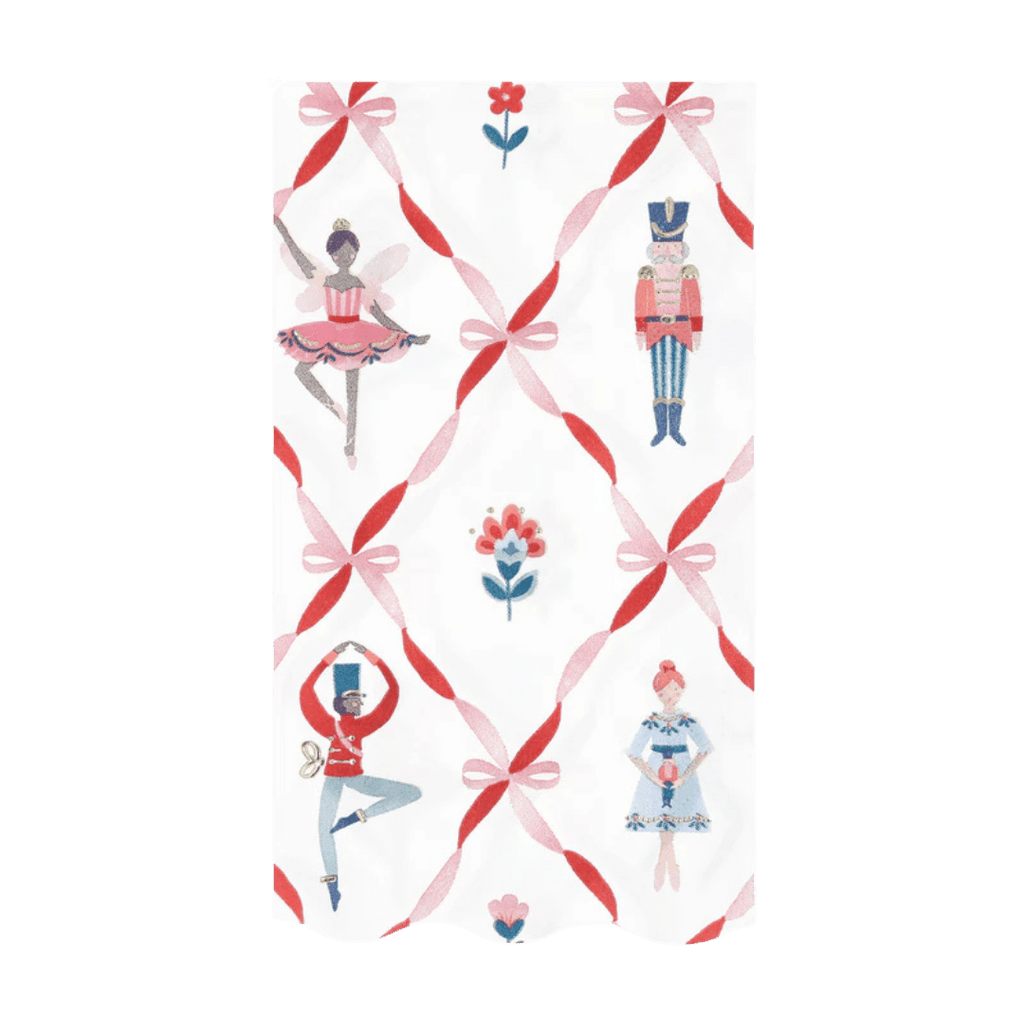 Red and pink Nutcracker themed paper napkin with ballet dancer and soldier from Parte Haus party supply store in Bethesda Maryland