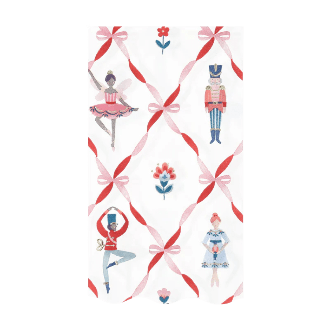 Red and pink Nutcracker themed paper napkin with ballet dancer and soldier from Parte Haus party supply store in Bethesda Maryland