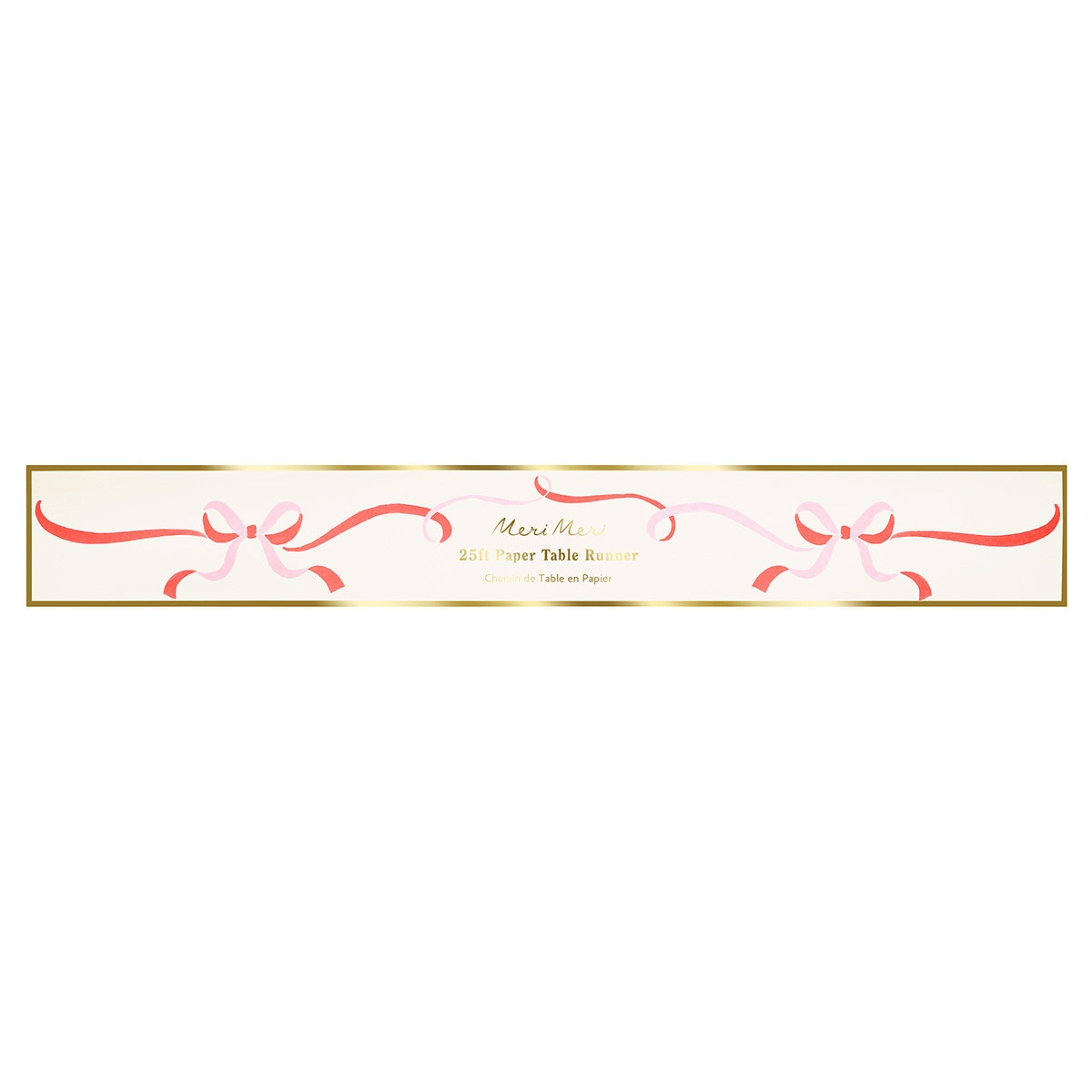 Pink and red ribbon paper table runner with gold edge for celebrations from Parte Haus party supply store in Bethesda MD.
